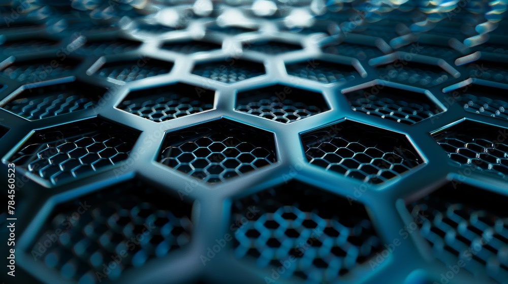 Poster A 3D rendering of a futuristic surface with hexagonal shapes. Against a sci-fi background.