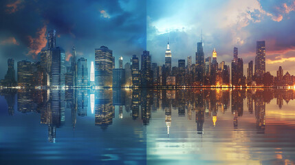 
City Skylines  panoramic views of city skylines at different times of the day, showcasing urban...
