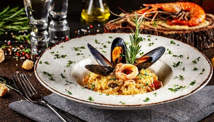 Mediterranean Feast: Seafood Risotto on Elegant White Plate