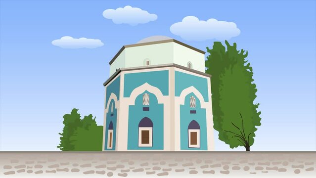 Bursa Green Tomb (Yesil Turbe) animation. Green shrine behind trees and with blue cloudy sky
