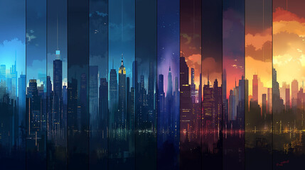 
City Skylines  panoramic views of city skylines at different times of the day, showcasing urban architecture and vibrant city lights