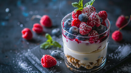 Gourmet dessert with cream and forest fruits