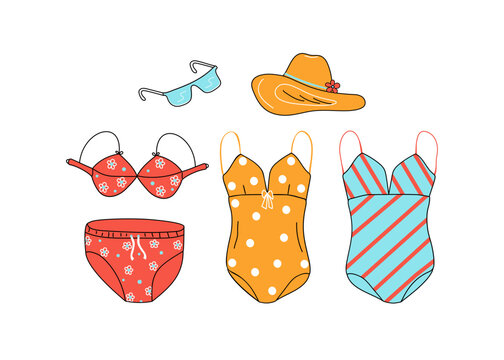 Summer clothes for the beach. Set of bright swimsuits for the beach and pool, doodles. Women's collection. Vector illustration on white isolated background.
