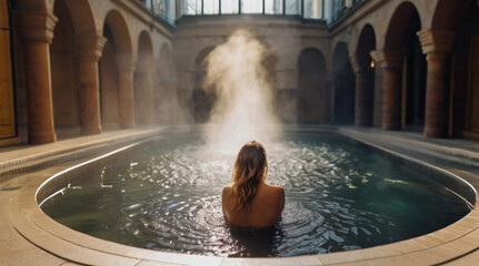 Beautiful young woman relaxing in the indoor thermal bath	