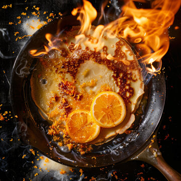 A top-down shot of a crepe Suzette being flamb&eacute;ed in a skillet with orange liqueur, creating a dramatic flame, with orange zest and caramelized sugar sprinkled on top.