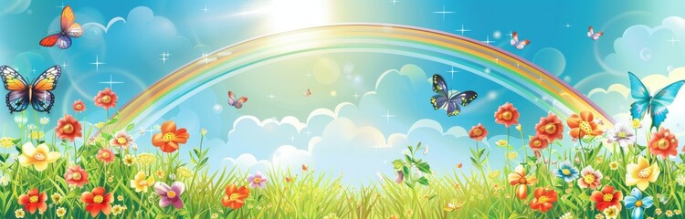 Fototapeta na wymiar banner bright and serene landscape with rainbows, flowers and butterflies