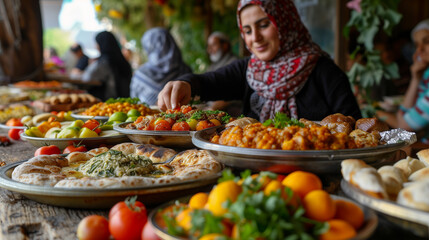 Obraz premium Traditional feast preparation with women serving an array of Middle Eastern dishes.