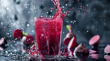 product photography for a catalog of a beet juice in glass
