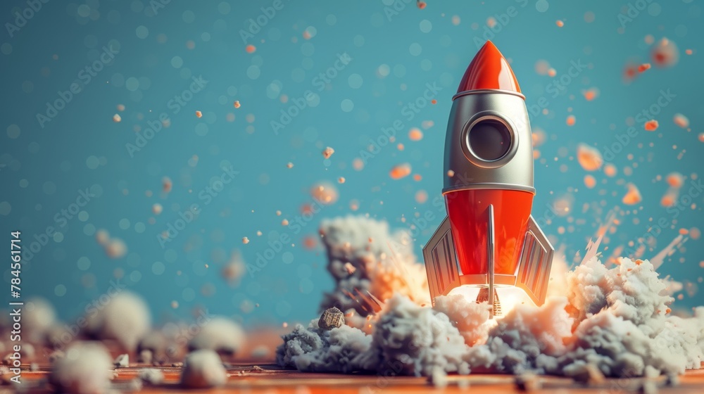 Poster The red and silver realistic model of a retro rocket stands crashed into a wooden desk against a blue background. The rocket failed to launch. Technical error.