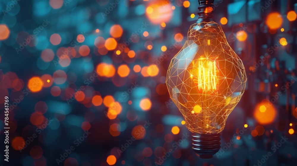 Aufkleber 3D rendering of an abstract polygonal lamp on a digital background. An idea and innovation concept.