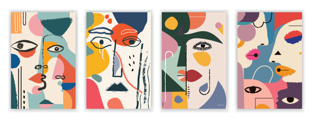 Collection of Abstract Decorative Painting Posters with Human Faces and Colorful Geometric Shapes