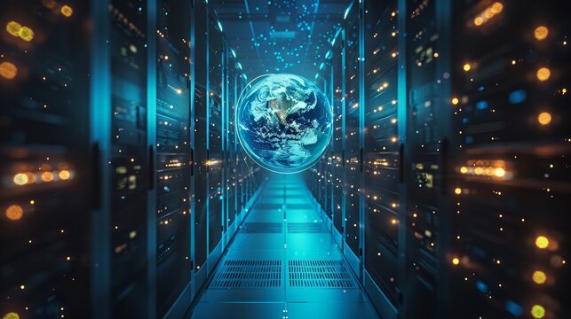 Three-dimensional rendering of the white Earth network flying over the server room data center
