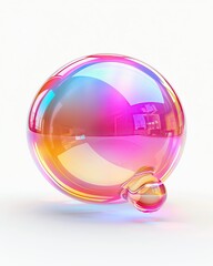 Holographic liquid chat bubble icon, 3D, radiant and reflective, on white