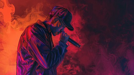 Vibrant illustration of young male rapper performing on stage