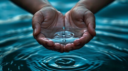 Serene water droplet held gently in cupped hands - obrazy, fototapety, plakaty