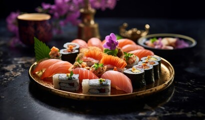 sushi with salmon sushi rolls, sashimi large, juicy Generative AI	