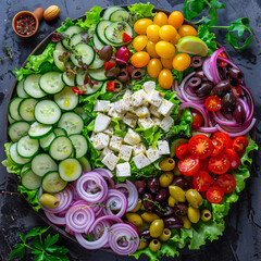 A vibrant top-down shot of a Greek salad arranged in a circular pattern, featuring fresh lettuce,...