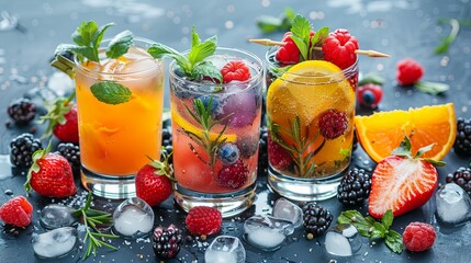Colorful assortment of fresh fruit cocktails on a blue backdrop - obrazy, fototapety, plakaty