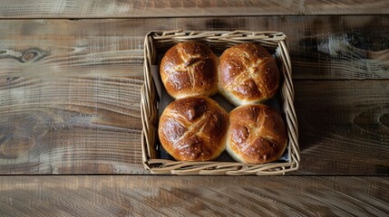 four cross buns in a wicker tray on a table - obrazy, fototapety, plakaty