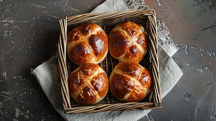 four cross buns in a wicker tray on a table