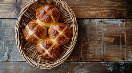 four cross buns in a wicker tray on a table