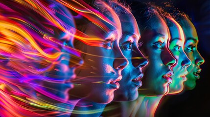 Colorful light trails outlining multiple profiles against a dark background