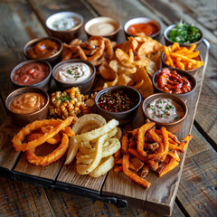 A wooden board featuring a variety of fries, including regular, sweet potato, and curly fries, served with an assortment of dipping sauces in small bowls.