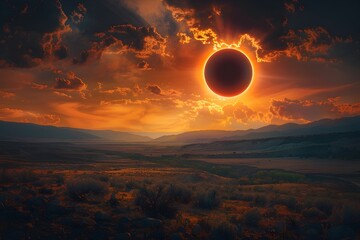 Captivating Cosmic Spectacle A Surreal Solar Eclipse Illuminating a Dramatic Landscape
