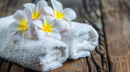 Obraz na płótnie Canvas Tropical spa essentials with white frangipani on fluffy towels