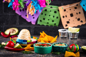 Traditional Mexican food nachos, salsa, guacamole, tequila.