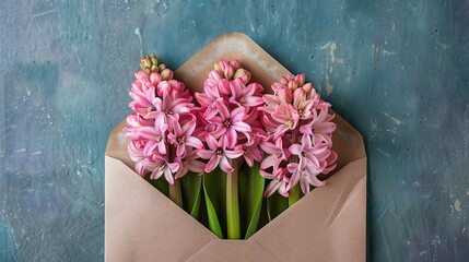 Envelope full of fresh pink hyacinth flowers on a textured background