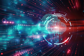 llustration of technology networking and digital communication in business, featuring cloud computing concept with web storage for global data. 