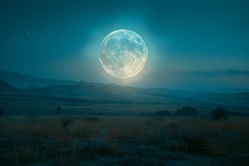 Fototapeta na wymiar Serene Moonrise Illuminating Tranquil Landscape in Dramatic Documentary Style