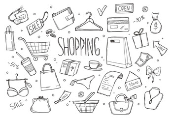 Shopping retail sale and discount doodle set isolated vector illustration isolated