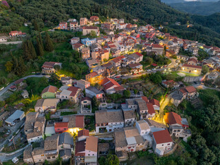 Aerial drone view of traditional Episkepsi village in north corfu,Greece by night, Summer time