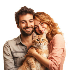 man and woman hugging cat isolated on white