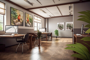 Modern, well-lit office, computers, artwork, plants, wooden flooring, cozy atmosphere, spacious, framed red bird images, elegant