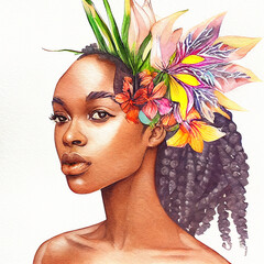 Watercolor portrait of black woman with tropical flowers in the hair, african american beautiful young girl with floral decorations hairstyle