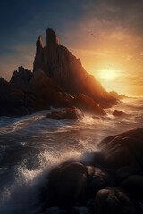 A dramatic sunset scene with waves crashing on rocky shores and jagged peaks under a cloudy sky. Serene and majestic - obrazy, fototapety, plakaty