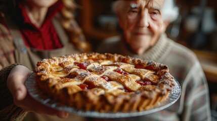 Elderly Woman Admiring a Freshly Baked Apple Pie in Kitchen - Powered by Adobe