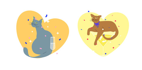 Valentines day cat vector illustration. Cute pets with drinking glasses and in party hats with confetti on abstract heart form. Positive card, postcard, poster or sticker.