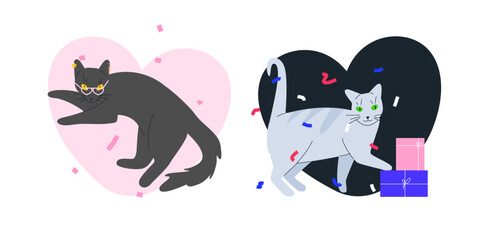 Valentines day cat vector illustration. Cute pets with presents and in party hats with confetti on abstract heart form. Positive card, postcard, poster or sticker.