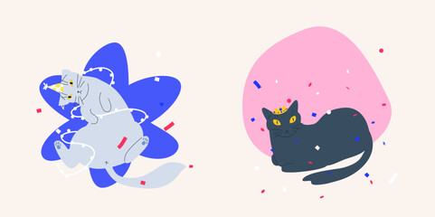 Party festive cat vector illustration. Cute pets with bows and hats with confetti on abstract form. Cute card, postcard, poster or sticker.