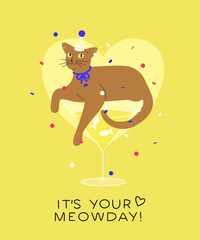 Party cat vector illustration. Silly abyssinian kitty in a margarita glass in a party hat under confetti. Birthday or christmas card with funny cat and festive text Let’s Party!