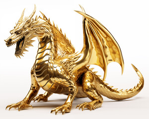 Majestic golden dragon statue isolated on a white background. 3D rendered image with intricate details and realistic scales. Perfect for fantasy, mythology, or medieval concepts.