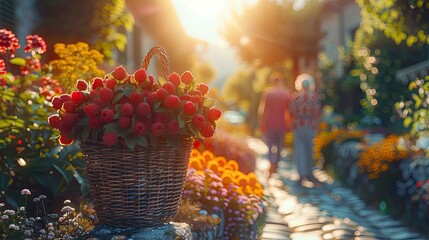 Serene Summer Day with Basket of Fresh Strawberries on a Sunny Path