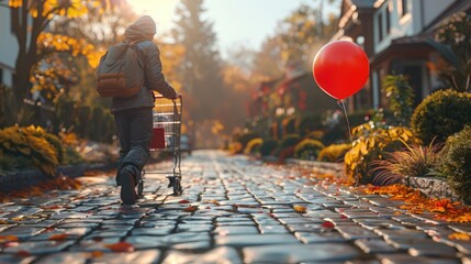 Autumn Shopping Day: Person with Cart and Balloon in Suburban Neighborhood - Powered by Adobe