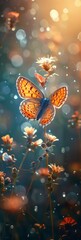 Butterfly flowers sunset summer meadow panoramic view wide panorama