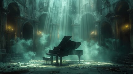 Mystical Blue Light in Abandoned Church Piano - obrazy, fototapety, plakaty