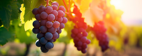 Red grape bunch on blurred vineyard background with copy space